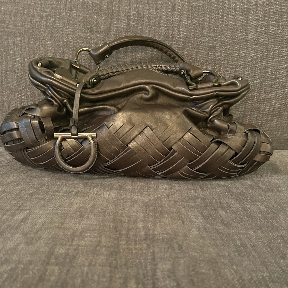 New Salvatore Ferragamo Dark Gray Metallic Leather Handbag